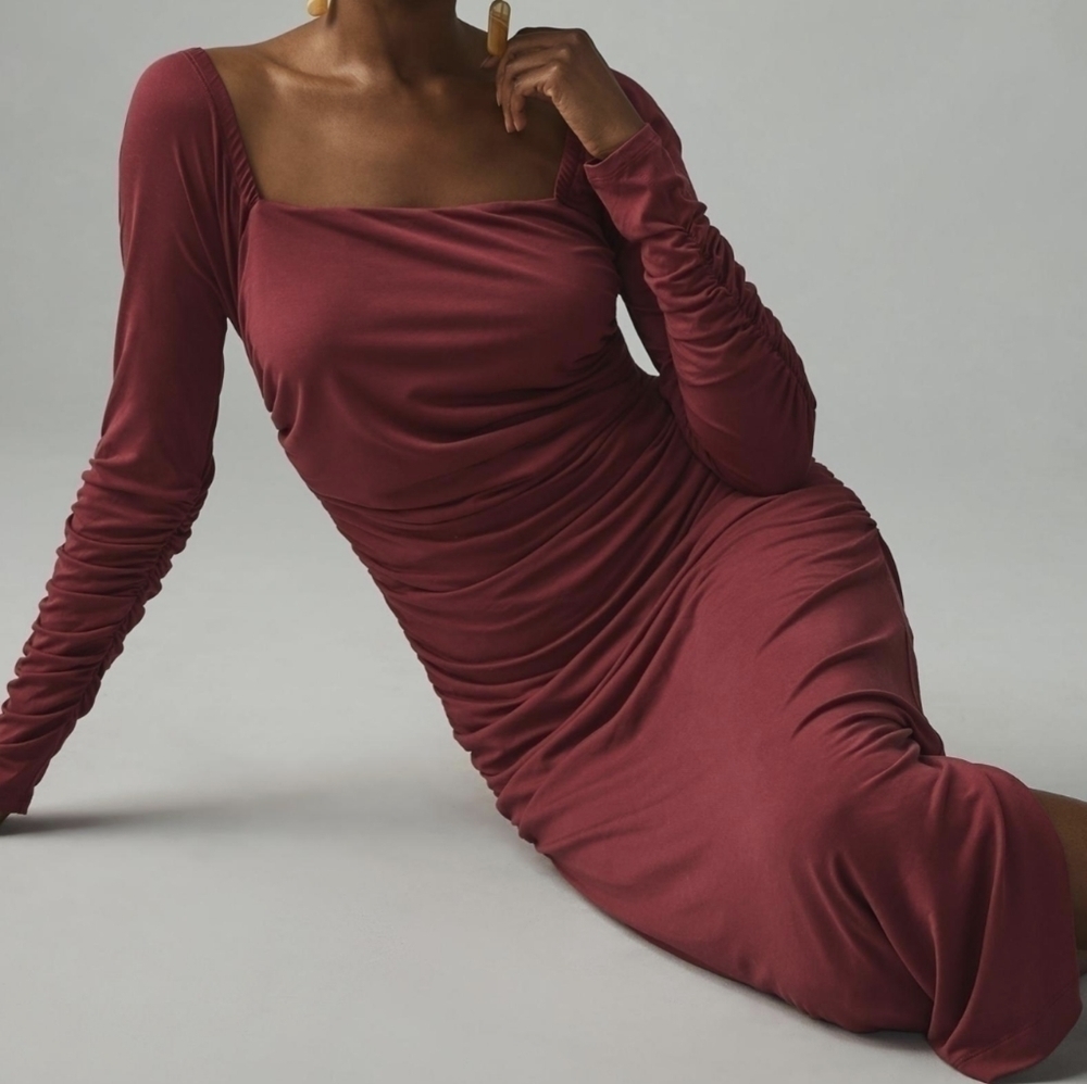 Anthropologie Wine Ruched Square Neck Mini Dress XL Petite NWT - Picture 2 of 7